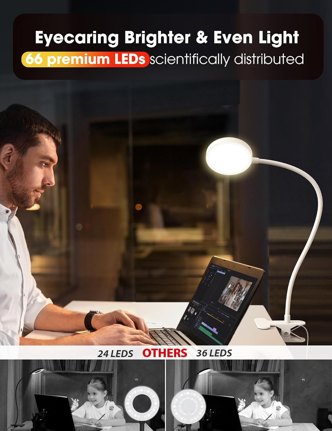 LiFMIRA Clip-on Lamp Reading Light - 5 Color Modes, 10 Brightness Levels, 8W, 66 LED, Eye-Caring Metal Clamp Light with Gooseneck for Bed, Headboard, Desk, Video Conferencing, Makeup