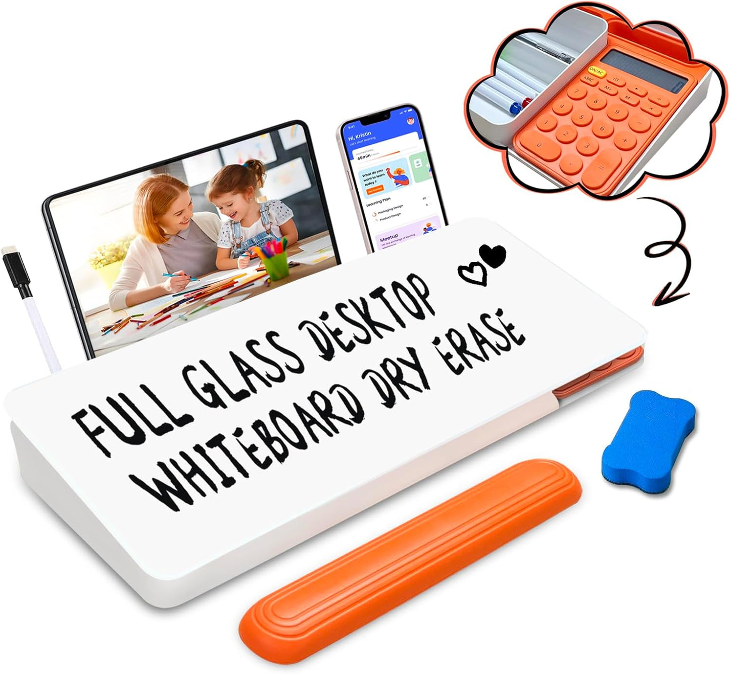 Desk Whiteboard Dry Erase Glass Desktop Whiteboard with Calculator, Desk Board with Keyboard Stand for Office or School
