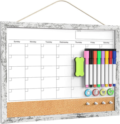 Calendar Whiteboard for Wall, TANKEE 17x13 Inches Whiteboard Calendar Cork Board Combo, Small Magnetic White Board with Wood Framed, Hanging Dry Erase Board for Kitchen Home Office School Planner