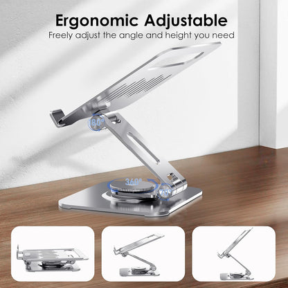 Tablet Stand for Desk, 360° Rotating iPad Stand, Aluminum Adjustable & Foldable iPad Holder, Compatible for iPad Pro Air Mini Surface Pro Samsung Galaxy Tabs Kindle, 4-12.9 inch, Silver