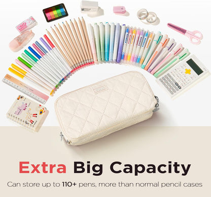 Sooez Large Pencil Case Pouch, Extra Big Pencil Bag with 8 Compartments, Pen Bag Wide Opening, Soft Quilted Pencil Pouch Organizer with Zipper, Portable Pencil Case for Teen Girls, Pink