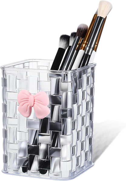 Artistic Acrylic Pen Holder Cute, Clear Makeup Brush Holders with Woven Texture and a Pink Bow, Transparent Stylish Pencil Holder for Desk, Clear Pencil Organizer Pen Caddy for Desk School Accessories