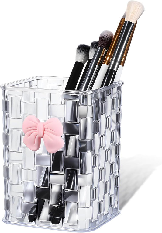 Artistic Acrylic Pen Holder Cute, Clear Makeup Brush Holders with Woven Texture and a Pink Bow, Transparent Stylish Pencil Holder for Desk, Clear Pencil Organizer Pen Caddy for Desk School Accessories