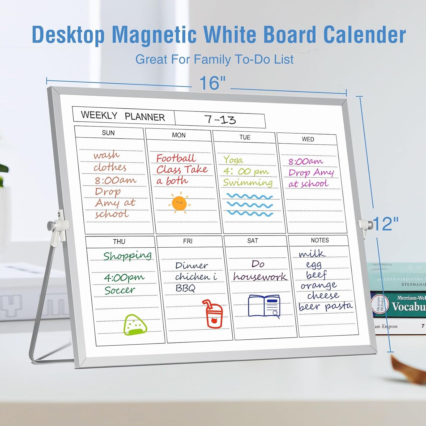 Magnetic Dry Erase White Board with Stand, 12'' x 16'' Desktop Weekly Schedule Board, 10 Markers, 4 Magnets, 1 Eraser, Double-Sided White Board Easel for Drawing School to Do List
