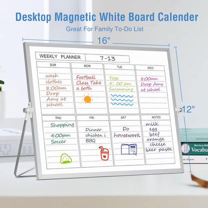 Magnetic Dry Erase White Board with Stand, 12'' x 16'' Desktop Weekly Schedule Board, 10 Markers, 4 Magnets, 1 Eraser, Double-Sided White Board Easel for Drawing School to Do List