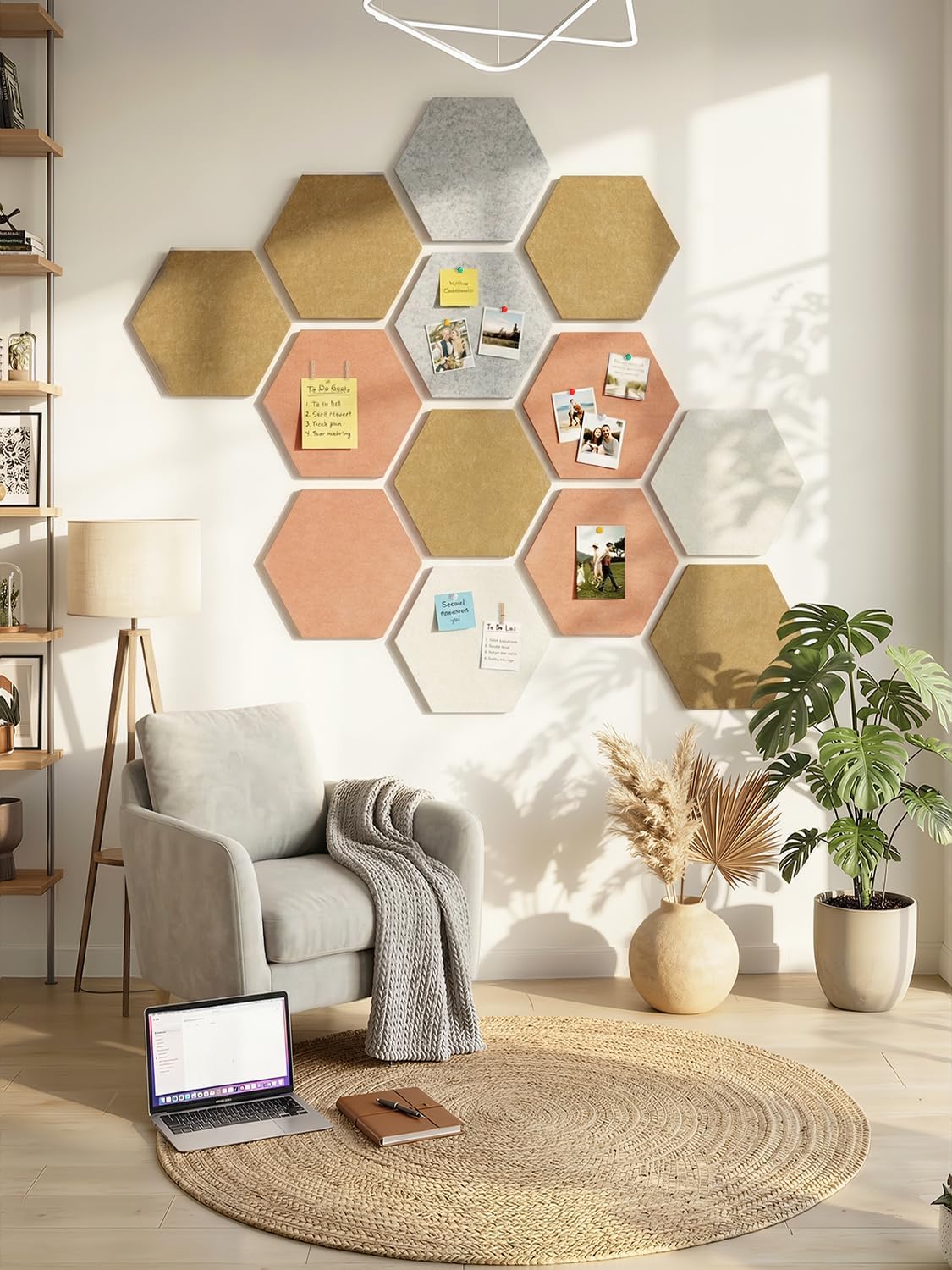 8 Pack Hexagon Felt Bulletin Board Tiles - 12" Large Thick Pin Board for Walls with 30 Push Pins, DIY Boards for Office Home School Decor, Aesthetic Hex Cork Board Alternative