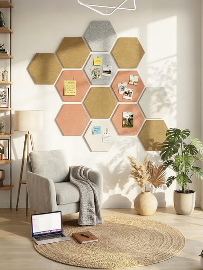 8 Pack Hexagon Felt Bulletin Board Tiles - 12" Large Thick Pin Board for Walls with 30 Push Pins, DIY Boards for Office Home School Decor, Aesthetic Hex Cork Board Alternative