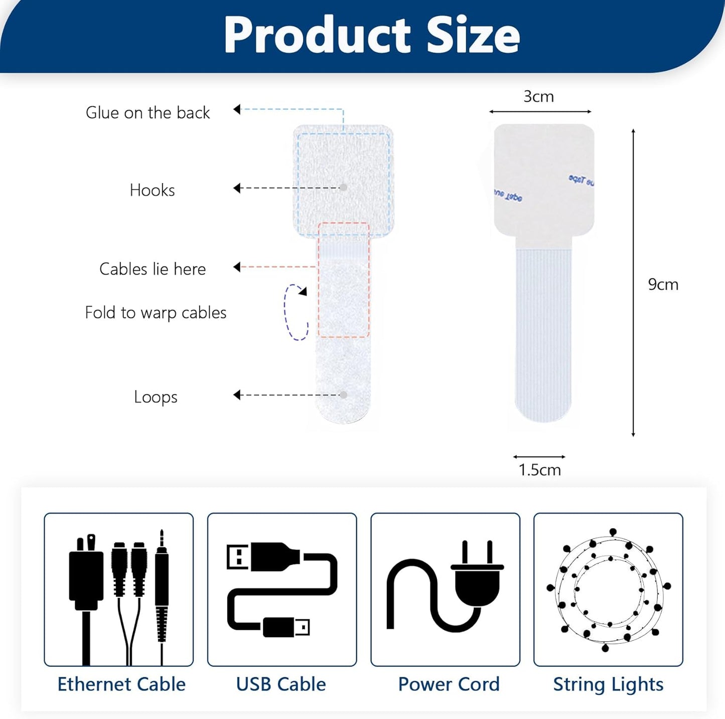 Abnii 50 PCS Hook and Loop Cable Ties, Under Desk Cable Management, Self Adhesive Cable Clips Straps, Sticky-Back Cord Organizer, Wire Organizer for TV PC Laptop Ethernet Desktop, White