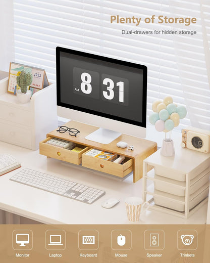Ufine Bamboo Monitor Stand with 2 Drawers Desktop Organizer Computer Screen Laptop Riser Ergonomic Height for Home Office