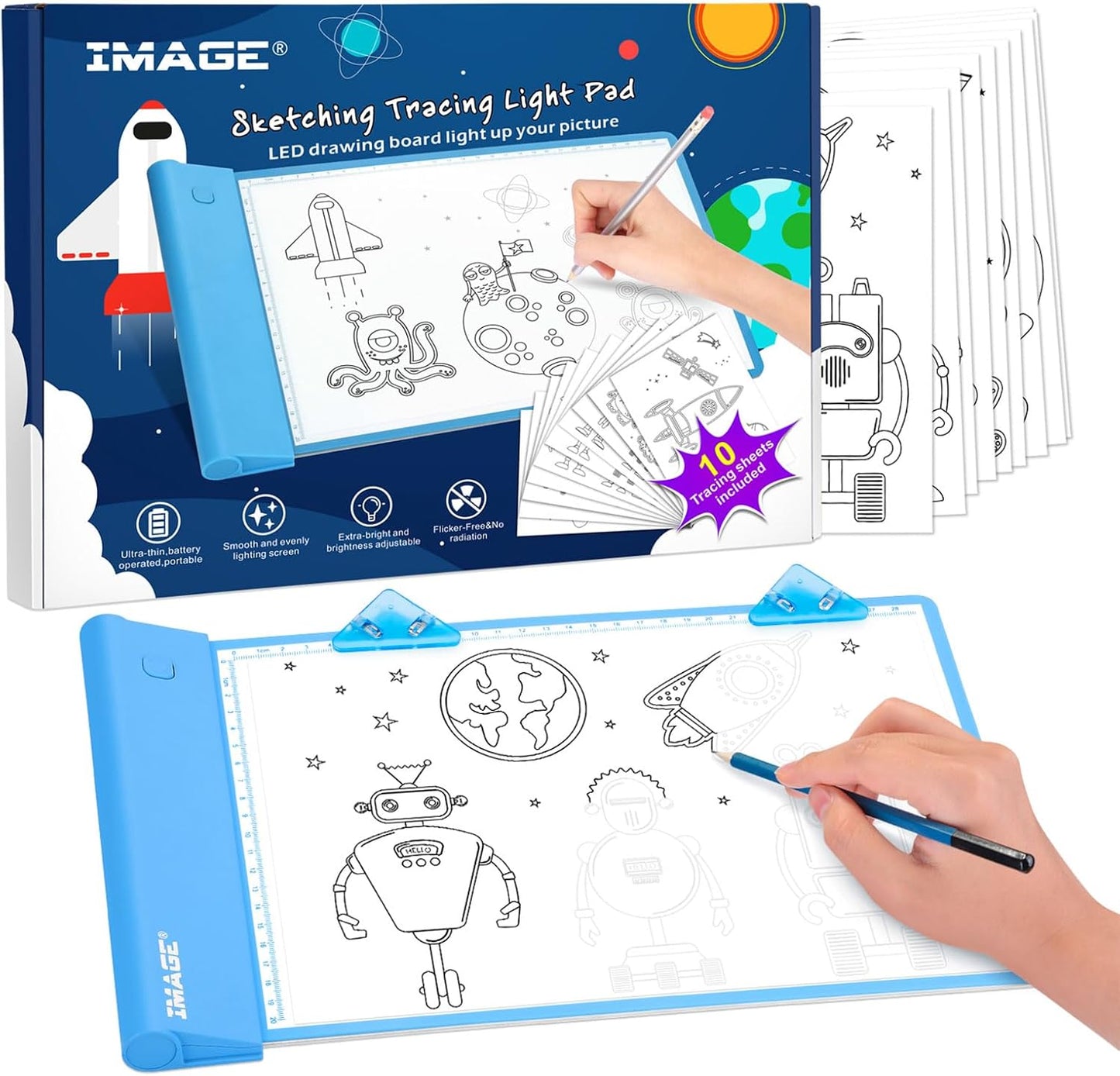 IMAGE Light Up Tracing Pad Pink Drawing Tablet Coloring Board for Kids Children to for Girls Boy (Includes 10 Traceable Sheets and Two Clips)