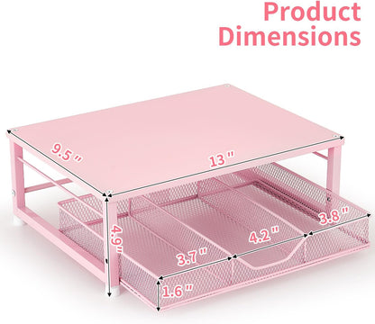 Wood Metal Monitor Stand Riser, Laptop Stand for Desk, Office Desk Organizer and Accessories, Computer Desktop Shelf with Drawer and Pen Holder, Printer Stand for Home, Office, Dorm (Natural Wood)