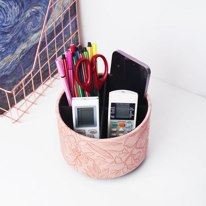 Round Leather Art Supply Organizer,Remote Control Holder,360 Degree Rotating,Multi-Functional Pencil Holder,4 Compartments Desktop Stationary Organizer(1-Fractal Flower) | Round - Colors A