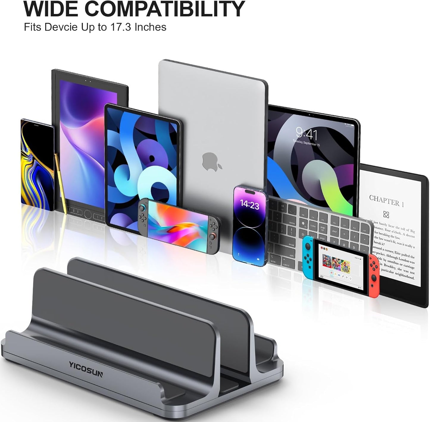 YICOSUN Dual-Slot Aluminum Vertical Laptop Stand for Desk - Adjustable Width Dock for MacBook, Surface, Samsung, HP, Dell up to 17.3 inches - Space-Saving & Protective Design - Gray