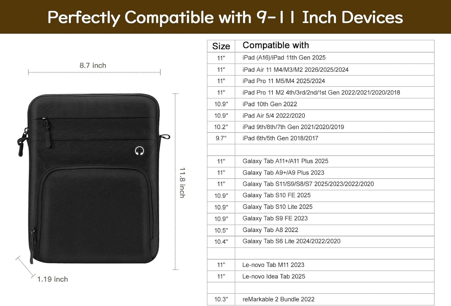 Dadanism 9-11 Inch Tablet Sleeve Bag with Shoulder Strap for iPad (A16) 11", iPad Air M4 Pro M5 11", i-Pad 10th Gen 10.9", i-Pad 9/8/7th Gen 10.2", Galaxy Tab A11+ Plus 11", reMarkable 2 10.3", Black