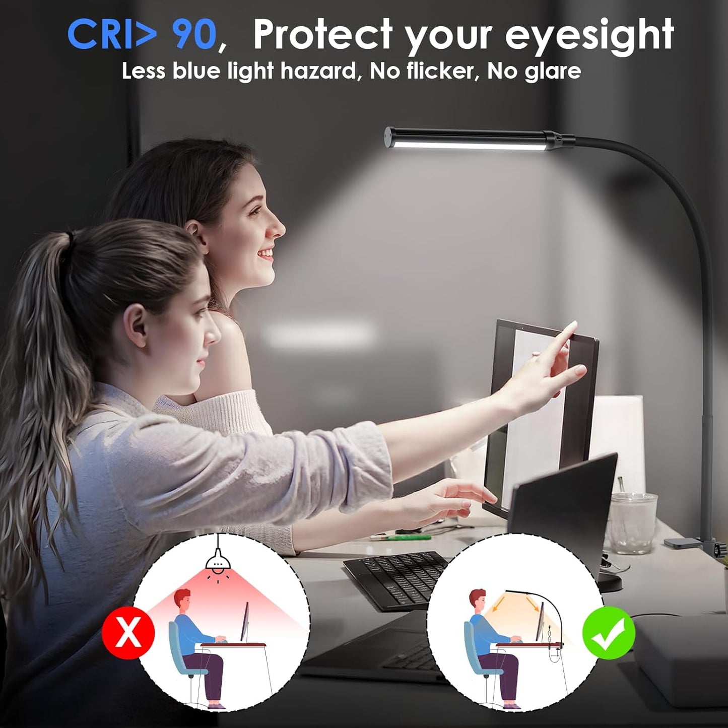 ShineTech LED Desk Lamp with Clamp, Eye-Caring Clip on Desk Light with 3 Color Modes & Stepless Dimming, 360° Flexible Gooseneck Desk Lamp for Home Office College Dorm with USB Adapter