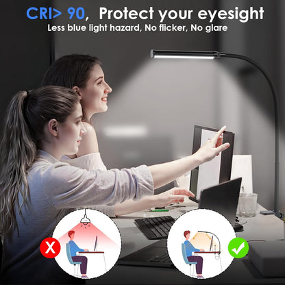 ShineTech LED Desk Lamp with Clamp, Eye-Caring Clip on Desk Light with 3 Color Modes & Stepless Dimming, 360° Flexible Gooseneck Desk Lamp for Home Office College Dorm with USB Adapter