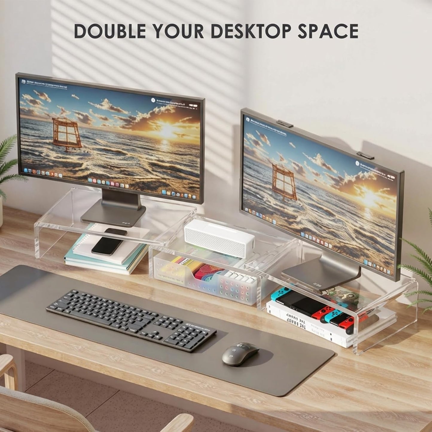OPNICE Desk Organizers and Accessories, Dual Monitor Stand Riser with Drawer and 2 Pen Holders, Desk Shelf Wood Computer Racks for Office Workspace Organizers, Desktop Organization (Rustic Brown)