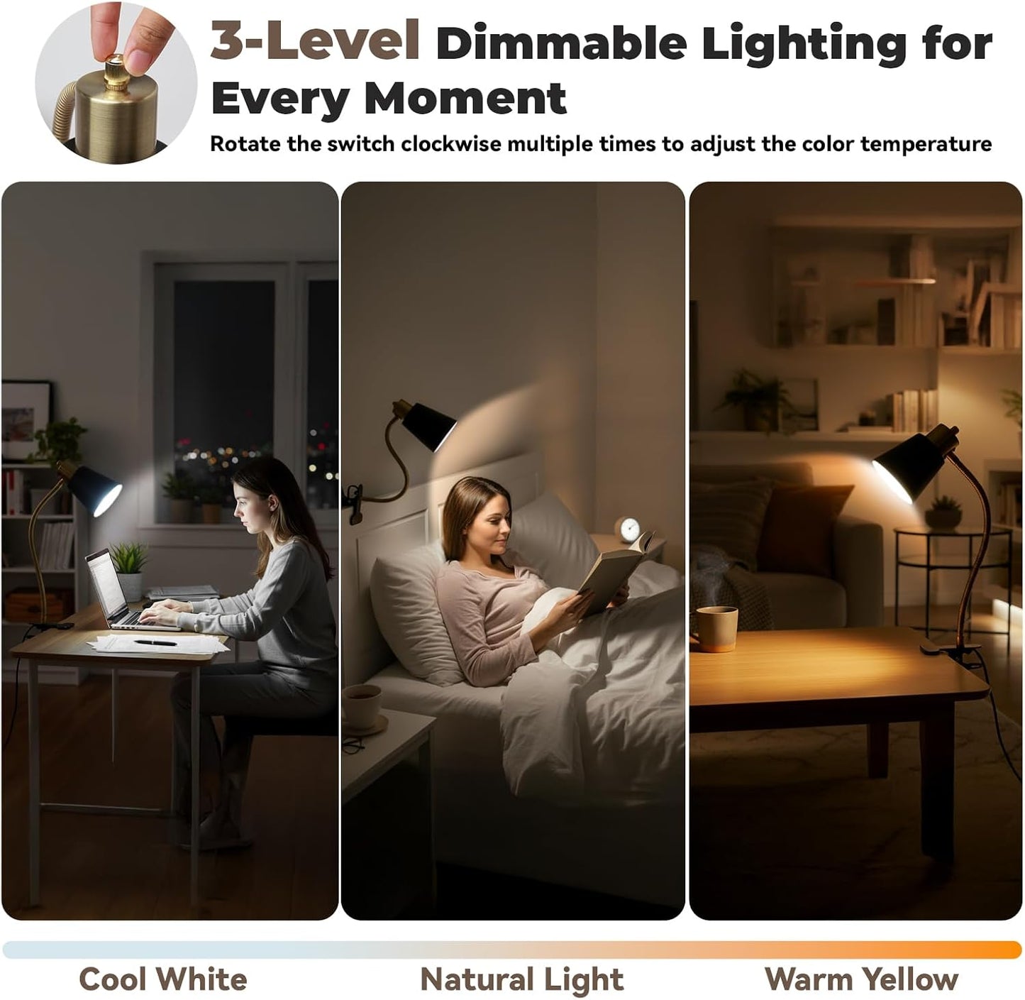 Desk lamp Eye-Caring Table Lamps, 360°Rotation Gooseneck Clip on Lamp Reading Light Portable Reading Book Light Clamp Study Desk Lamps for Bedroom and Office Home Lighting (Black)