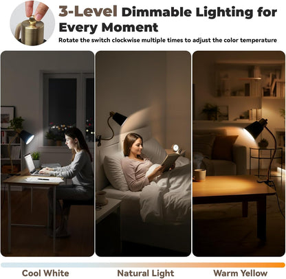Desk lamp Eye-Caring Table Lamps, 360°Rotation Gooseneck Clip on Lamp Reading Light Portable Reading Book Light Clamp Study Desk Lamps for Bedroom and Office Home Lighting (Black)