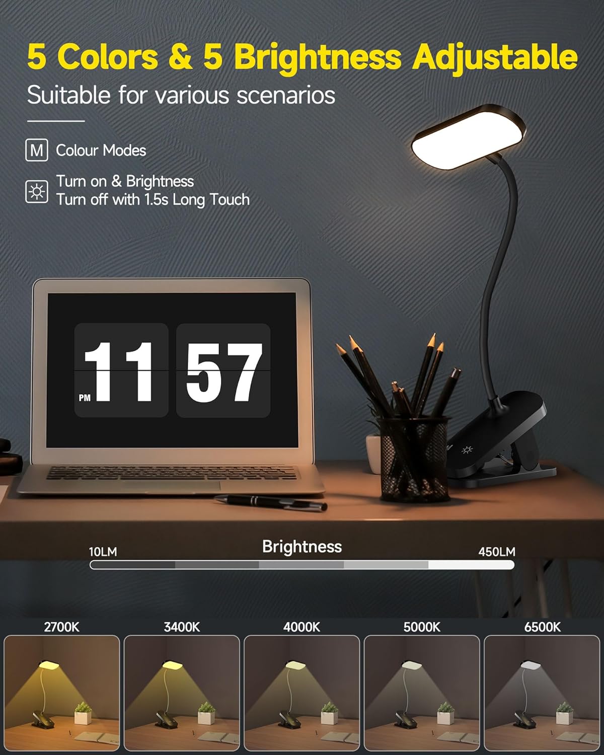 CUHIOY Desk Lamp Clip on Reading Light, USB-C Battery-Operated Rechargeable Table Lamps with Clamp for Dorm Home Office, 38LEDs Bed Headboard Light, 5 Colors 5 Brightness, Flexible Gooseneck (Black)