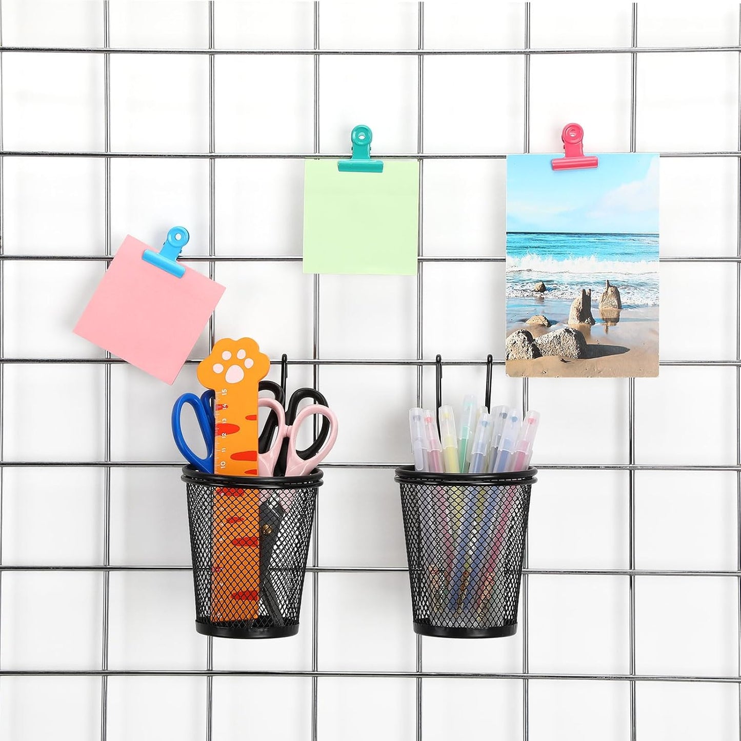 6 Sets Grid Wall Cups with Ring Hooks, hanging pencil holder Wall Mount Wire Grid Panel Pen Holder Organizer gridwall Accessories for Office Home Garage