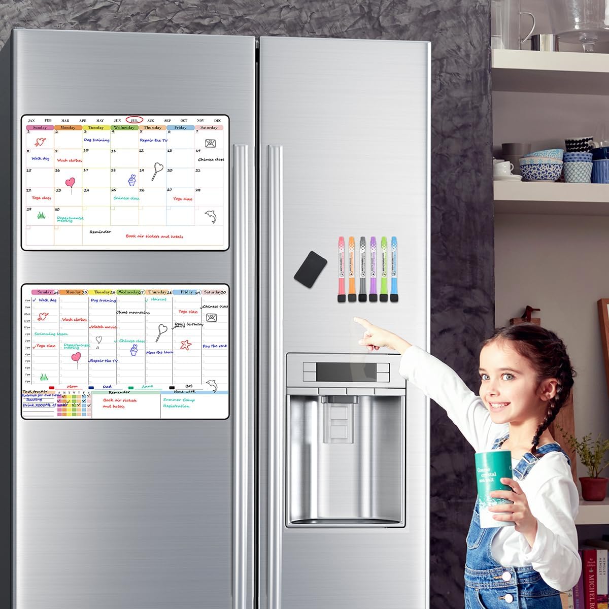 POPRUN Magnetic Fridge Calendar, 16.9"x11" Weekly Schedule Whiteboard, Dry Erase Board for Family Planning & Organization, Ideal for Home, School, Office