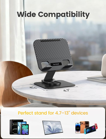 Lamicall Adjustable iPad Stand for Desk - [Ultra-Slim Foldable][360°Rotation Base] Tablet Holder Stand, Heavy-Duty E-Reader Kindle Holder for 4.7-13" Device, iPad Pro Air Mini, Kindle, Tabs, iPhone