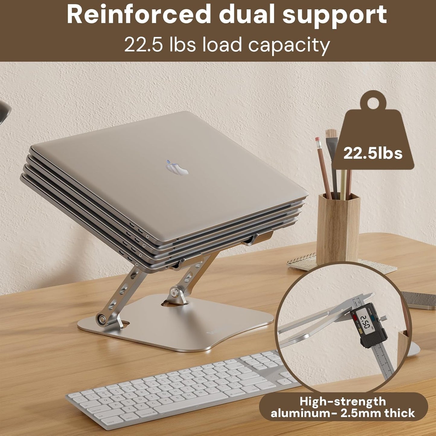 Laptop Stand for Desk, Aluminum Metal MacBook Stand，Computer Riser for Desk, Portable Foldable Adjustable Notebook Holder, Compatible with 10-15.6 Inch Laptops, iPad, Silver.