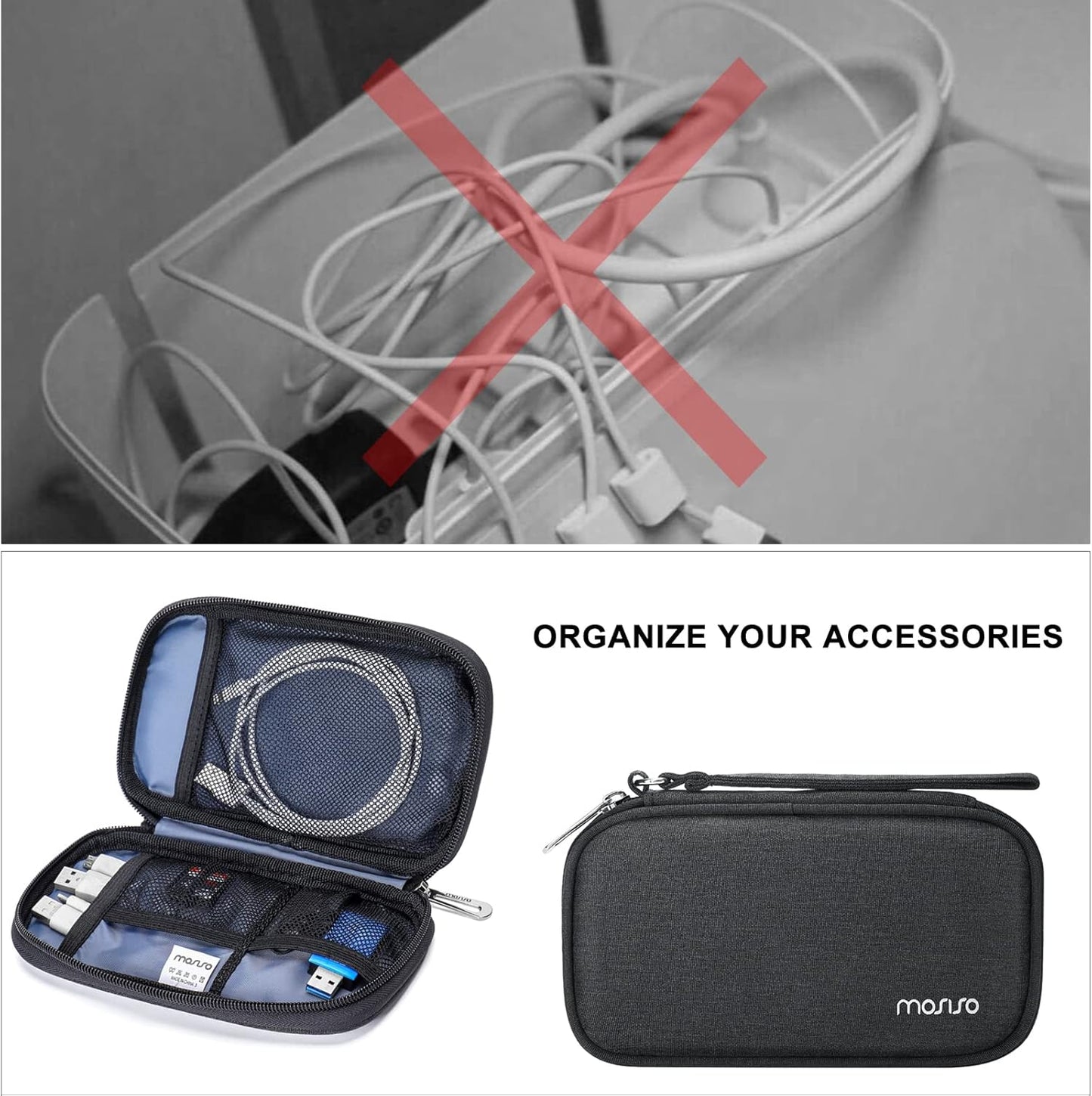MOSISO Electronic Organizer Cable Case, Portable External Carrying Case Storage Bag with Handle Compatible with MacBook Power Adapter, Wireless Mouse, Cables, Earphones, USB Flash Disk SD Card, Black