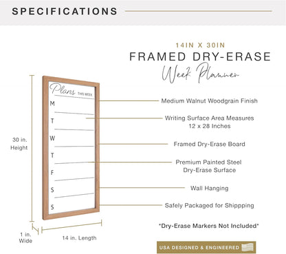 MCS Dry Erase Weekly Planner 11x24 Walnut Framed Calander Whiteboard for Wall, Plan Your Week with Family Weekly Planner for Dinners, Sports, Events & More