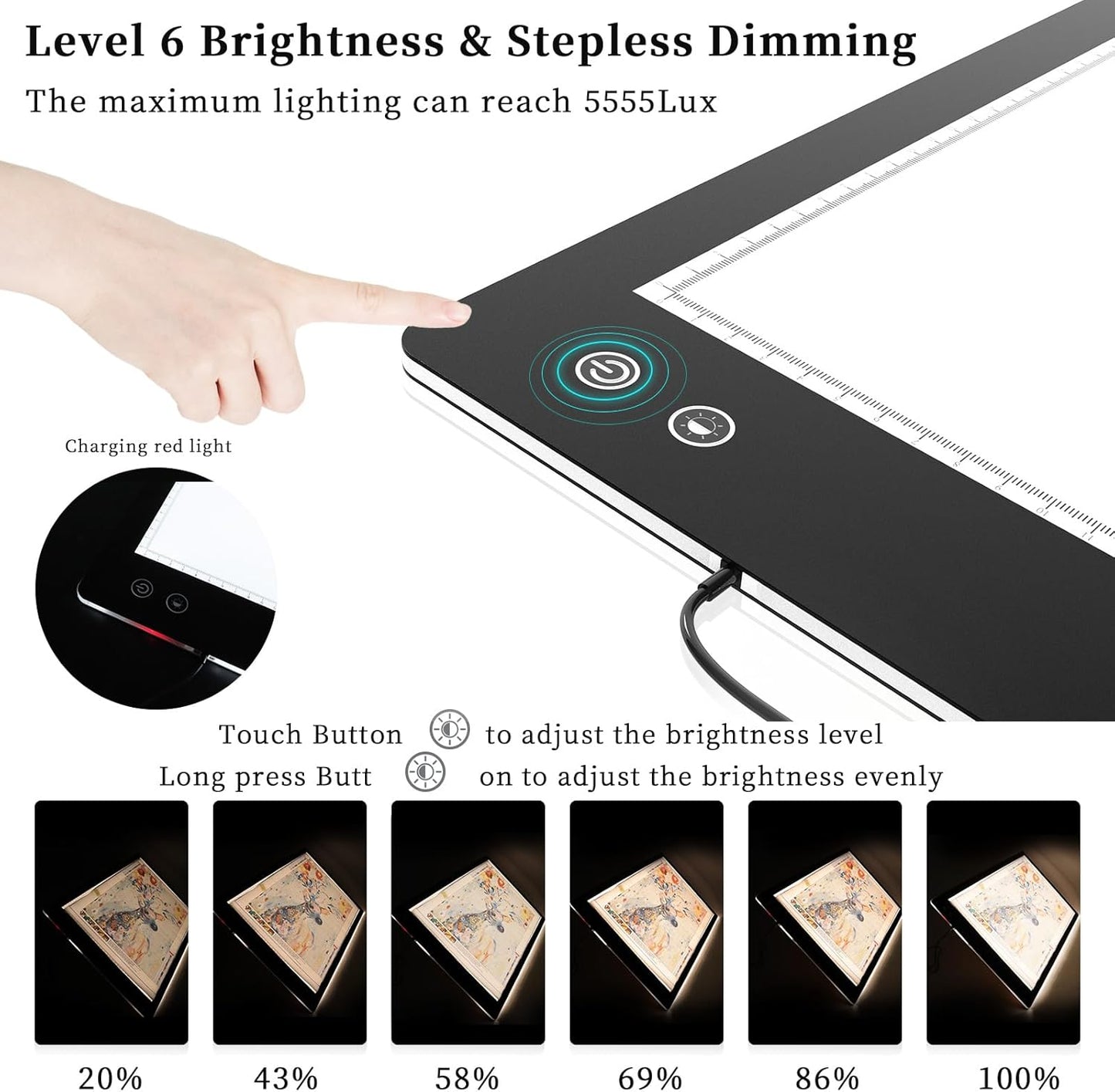 PICOVISTA Rechargeable A3 Diamond Art Light Board,Super Bright Tracing Light Box,6 Levels Brightness with 3 Colors Mode, Wireless LED Pad for Diamond Painting,Weeding Vinyl,Sketching & Drawing