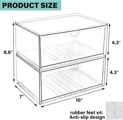 Prsildan Acrylic Drawer Makeup Organizer with 6 Drawers (Not for Baby Bottle), Set of 2 Office Desk Organizers Accessories, Clear Stackable Storage Drawers for Vanity, Craft (Largest Drawer 4" Tall)