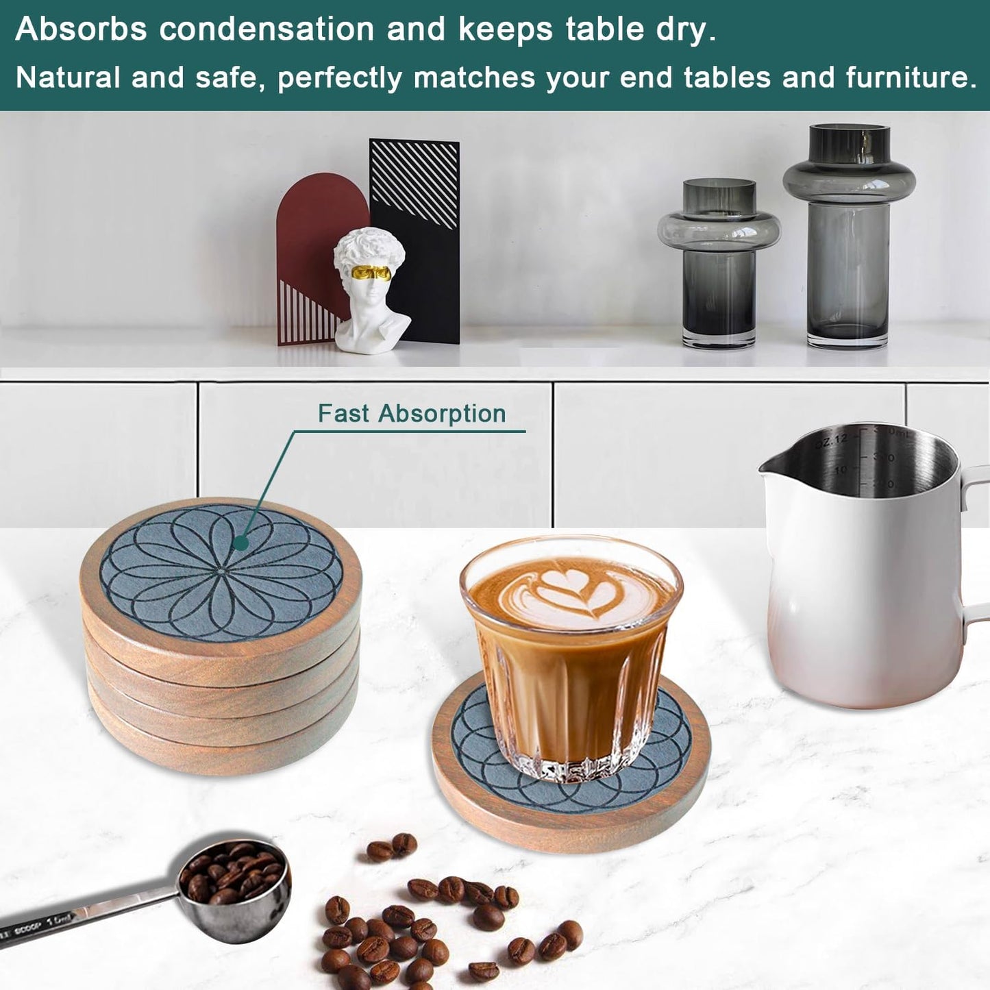 Wood Coasters for Drinks, Minacun Absorbent Coaster Sets of 5, Drinks Coasters for Coffee Tabletop Protection, Non-Slip, Non-Stick, Suitable for Kinds of Cups Wooden Table Drink, 4.3 Inches Black