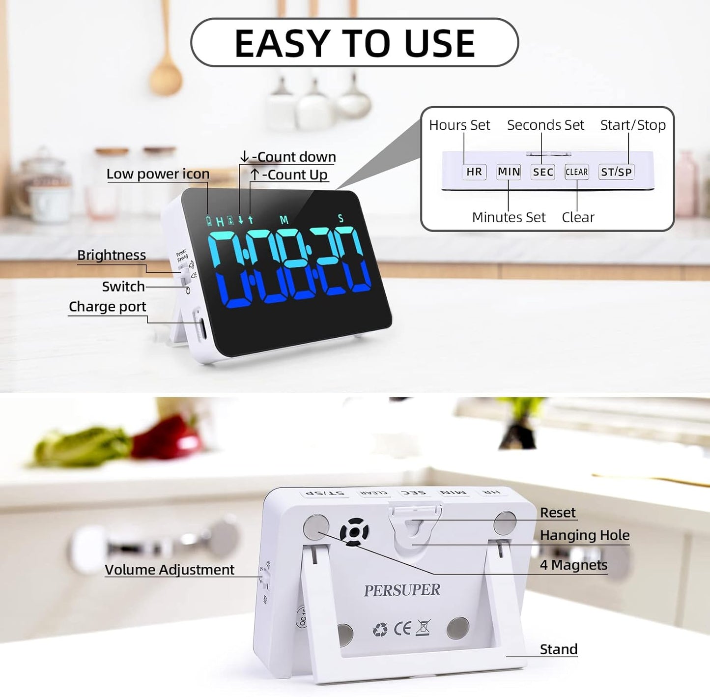 PERSUPER Kitchen Digital Timer, Count Down Up, Rechargeable, Vibration Mode Adjustable Volume and Brightness LED Display, Time Management Cook, Desk, Kids Adults Study Teaching, Kitchen Gadgets RGB