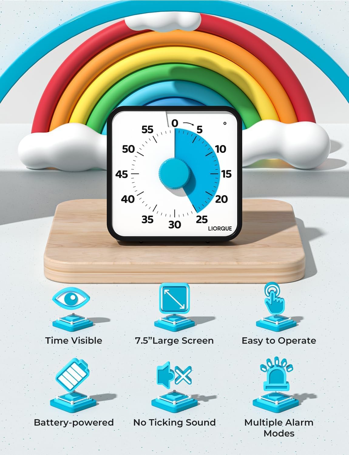 LIORQUE 60 Minute Visual Timer for Kids and Adults, Non-Ticking 7.5 Inch Large Visual Countdown Timers for Classroom Desk Countdown Clock with Magnetic Backing, Kids Pomodoro Timer Clock