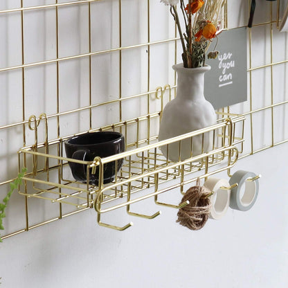 Wall Grid Panel for Photo Display,Wall Storage Organizer,5 Metal Clips & 3 S Hooks & 4 Nails & 4 Plastic Hanging Buckles and 4 Screws Offered,Size 17.5" x 11.8",2 Pack(Gold)
