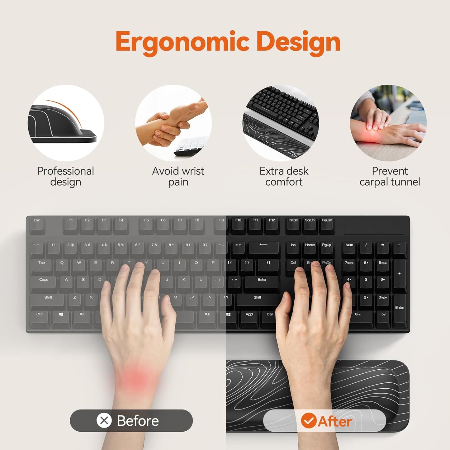 TECKNET Wrist Rest for Computer Keyboard, Thicken Memory Foam Wrist Support Pad for Keyboard, Ergonomic Palm Rest for Pain Relief, Anti-Slip Rubber Base, 17x3.3 in, 1 inch (25mm), Black