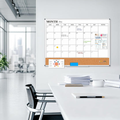Weekly Dry Erase Calendar Whiteboard for Wall, 24" x 18" Double-Sided Weekly Planner White Board Cork Combo, Hanging & Wall Mount Week Bulletin Board with Notes for Home, Office, School, Kitchen