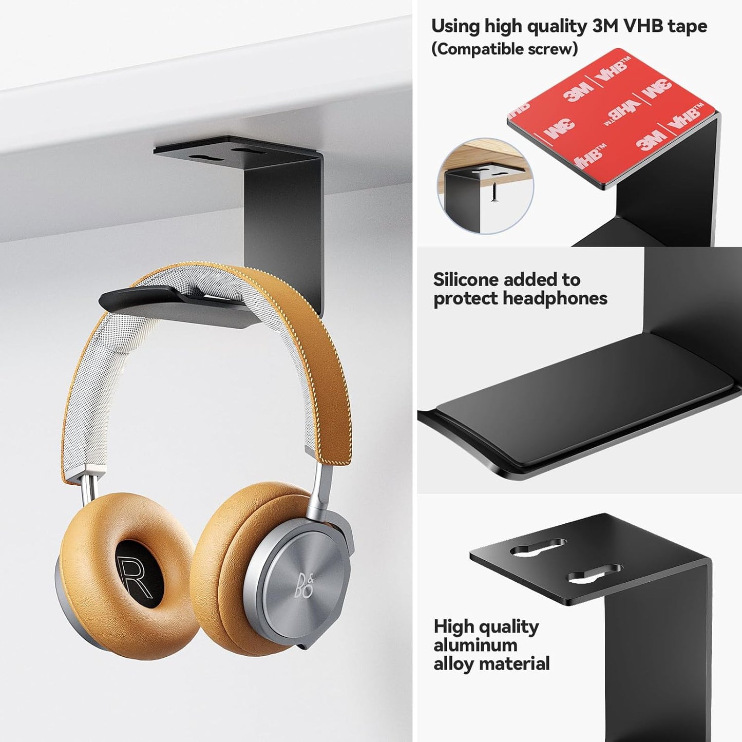 Headphone Stand Hanger,Headset Holder Mount,Aluminum Hook with Strong Adhesive Tape for Headphones (H02-Black-1PCS)