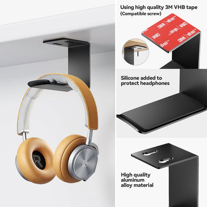 Headphone Stand Hanger,Headset Holder Mount,Aluminum Hook with Strong Adhesive Tape for Headphones (H02-Black-1PCS)