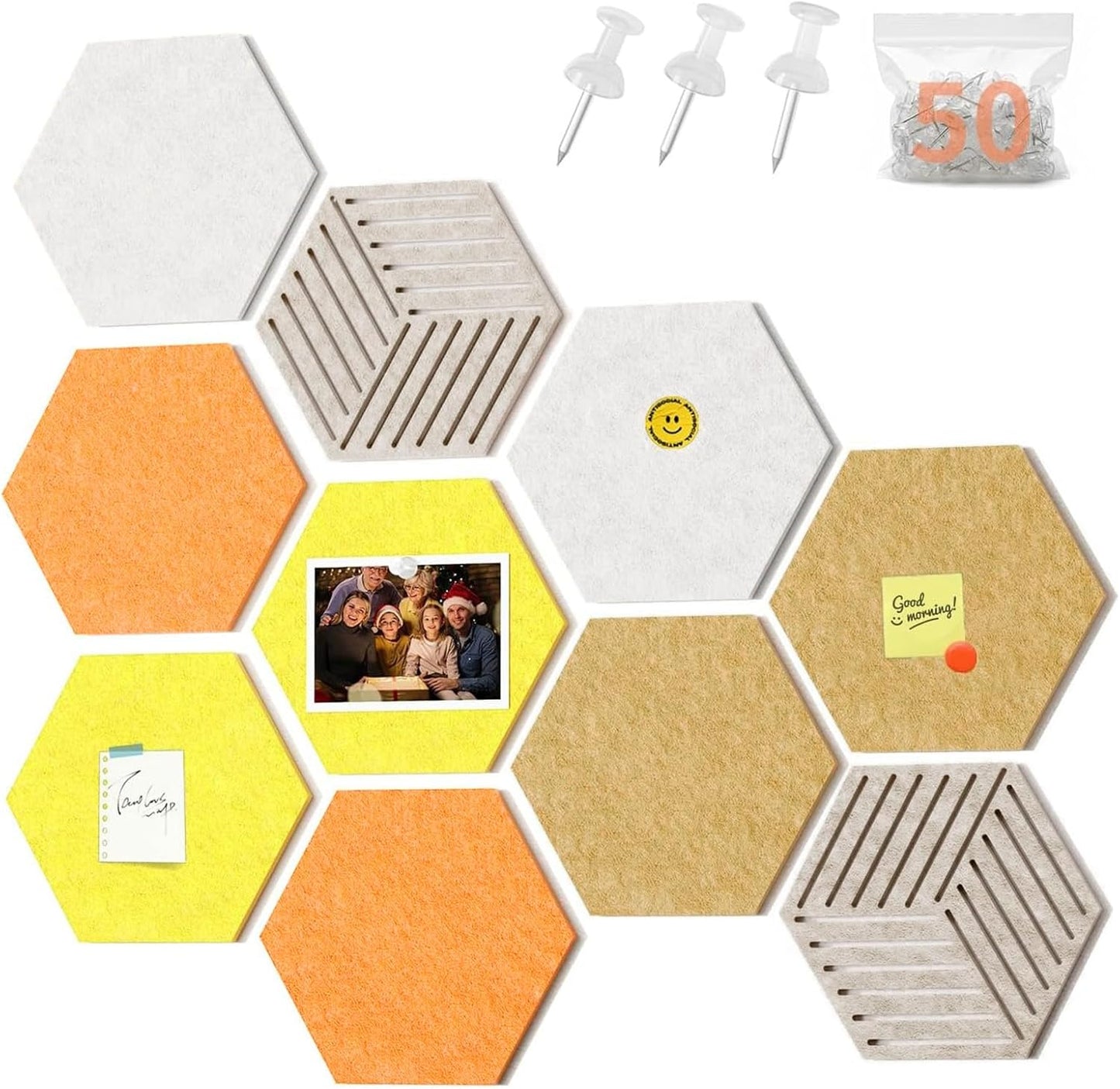 FOCHIER F 10PCS Hexagon Cork Boards for Walls Decor,12"*10.2" Felt Bulletin Board Tiles Sets for Home Office Class Kitchen with 50 Push Pins,Self Adhesive DIY Pin Board for Photos Memos