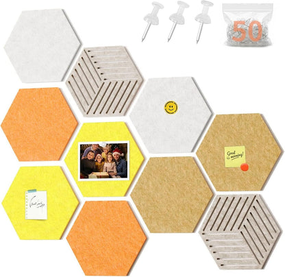 FOCHIER F 10PCS Hexagon Cork Boards for Walls Decor,12"*10.2" Felt Bulletin Board Tiles Sets for Home Office Class Kitchen with 50 Push Pins,Self Adhesive DIY Pin Board for Photos Memos