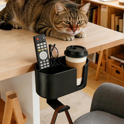 MYITYARD Desk Cup Holder Clamp, Anti-Spill Clip On Table Cup Holder, Rotatable Water Bottle Stand Drink Coffee Mug Storage, Office Accessories for Home and School (Black)