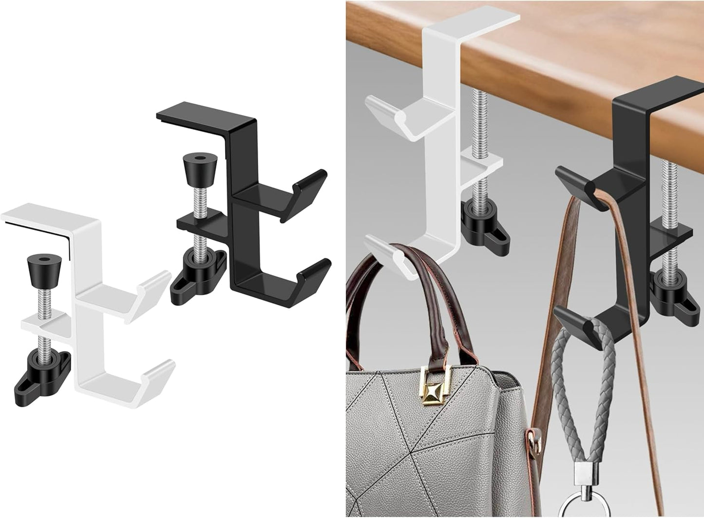 Desktop Hook Under-Table Handbag Hanger Wallet Hook Simple for Holiday Decoration Desktop Backpack Rack Headphone Hanger 2-Piece Pack Double Hook (Black)