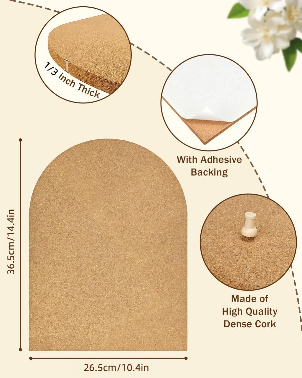 Okydoky 12mm Thick Arch Cork Board, 10.4in x 14.4in Self-Adhesive Pin Board,1 PC for Home Office Décor