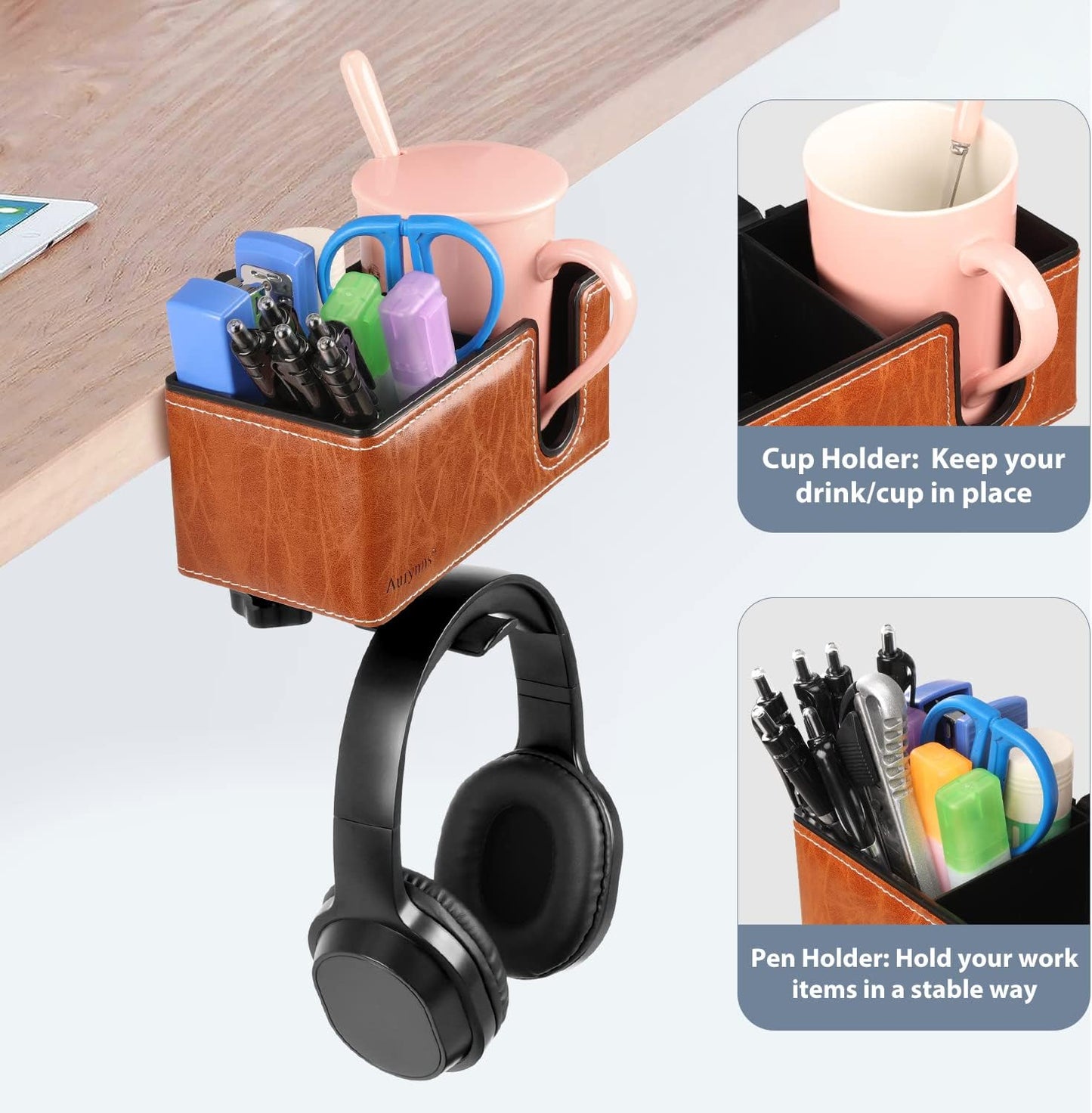 Desk Cup Holder Clip on Pen Holder Headphone Hanger Headset Stand Rotatable Clamp Hook Under Desk (Black)