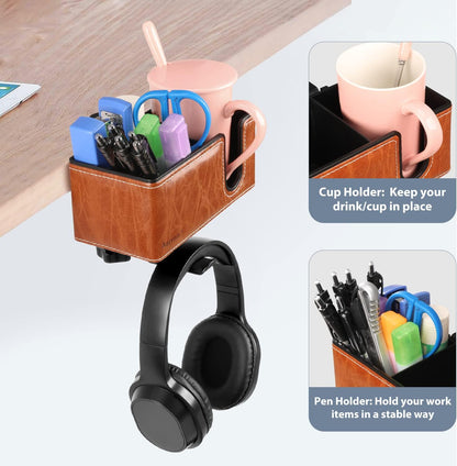Desk Cup Holder Clip on Pen Holder Headphone Hanger Headset Stand Rotatable Clamp Hook Under Desk (Black)