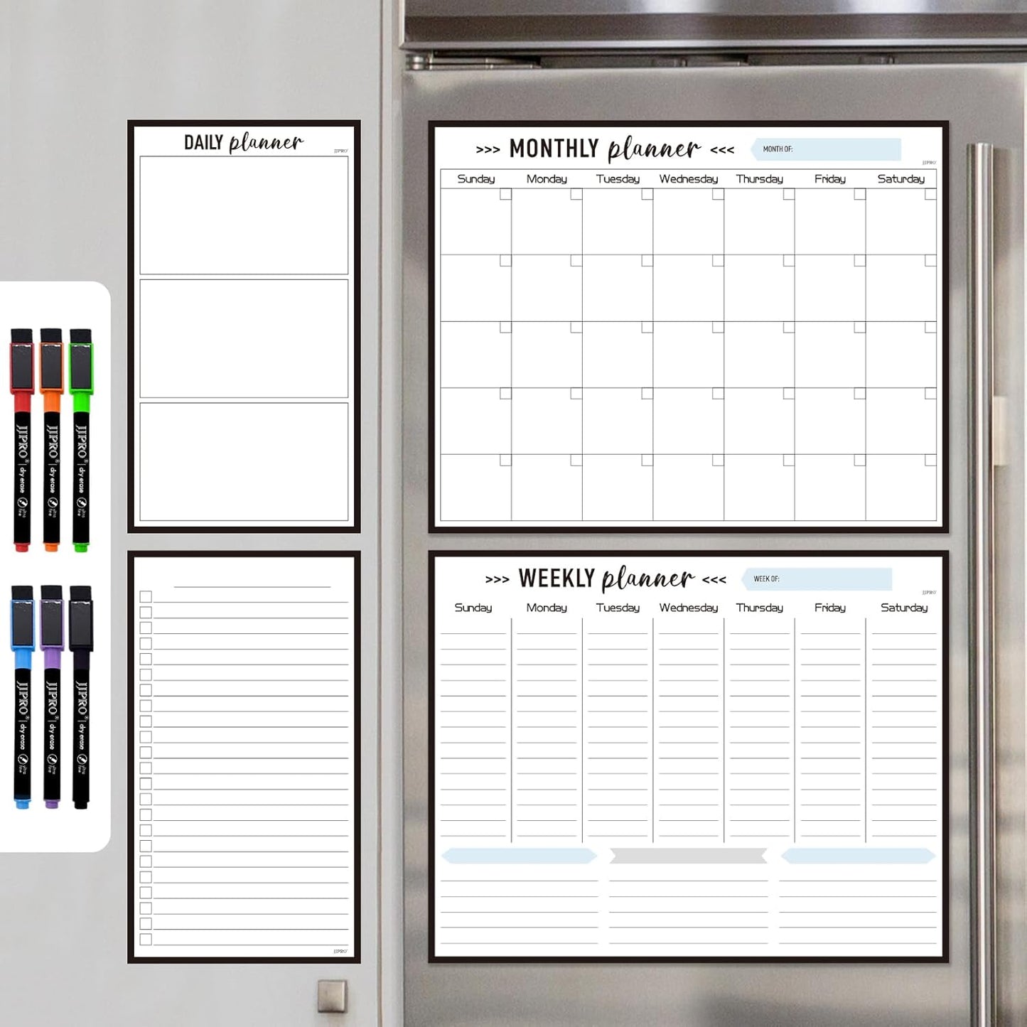 JJPRO Non-Magnetic Dry Erase Weekly Calendar for Fridge,Reusable Weekly Meal Planner and to Do List Whiteboard Bundle-Starts Monday,8.5"x12" Reusable Calendars Stick to Wall, All Smooth Surfaces