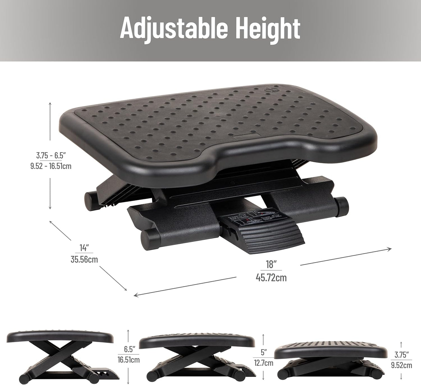 Mind Reader Foot Rest, Under Desk at Work, Ergonomic, Height Adjustable, Office, Plastic, Black