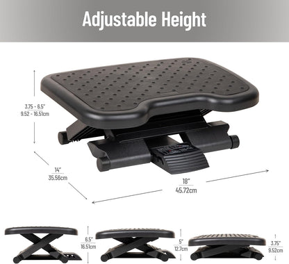 Mind Reader Foot Rest, Under Desk at Work, Ergonomic, Height Adjustable, Office, Plastic, Black